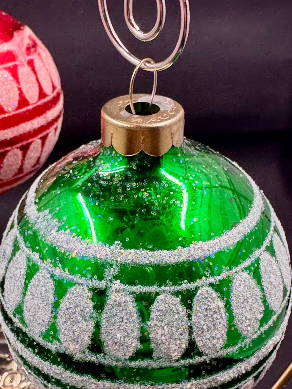 Vintage Set of Four Rauch Red and Green iridescent accents Christmas Ornaments